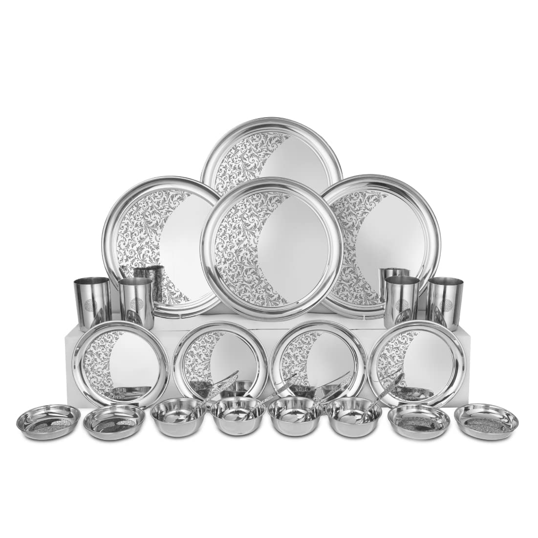 Shri & Sam Designer Stainless Steel Floral Shagun Laser Bloom Dinner Set, 24 Pieces