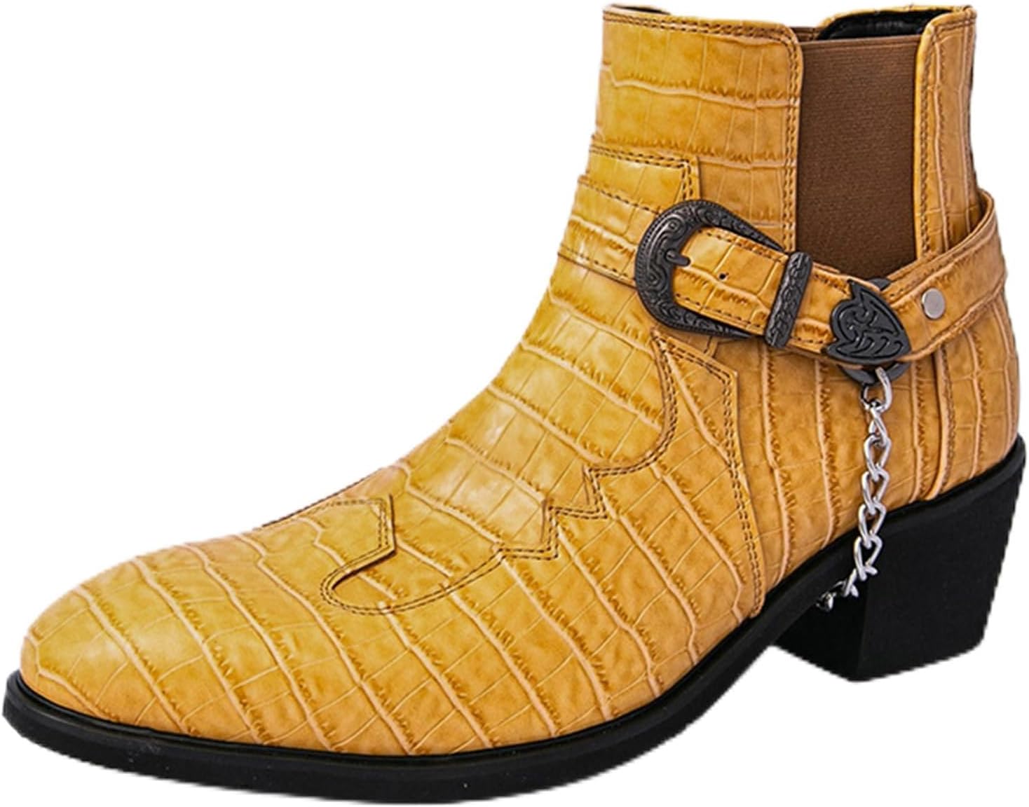 Men's Pattern Leather Chunky Heel Dress Chelsea Boots with Metal Belt Buckle Fashion Cap Toe Block High Heel High Top Slip On Formal Oxford Shoes Business Casual Chukka Booties