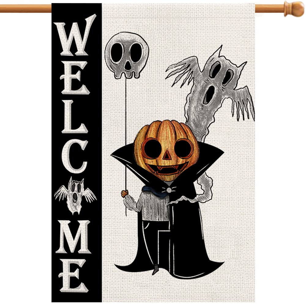 Halloween Welcome House Flag Burlap Double Sided Vertical 28×40 Inch Spooky White Ghost Jack Lantern Pumpkin Yard Decor DF108-28