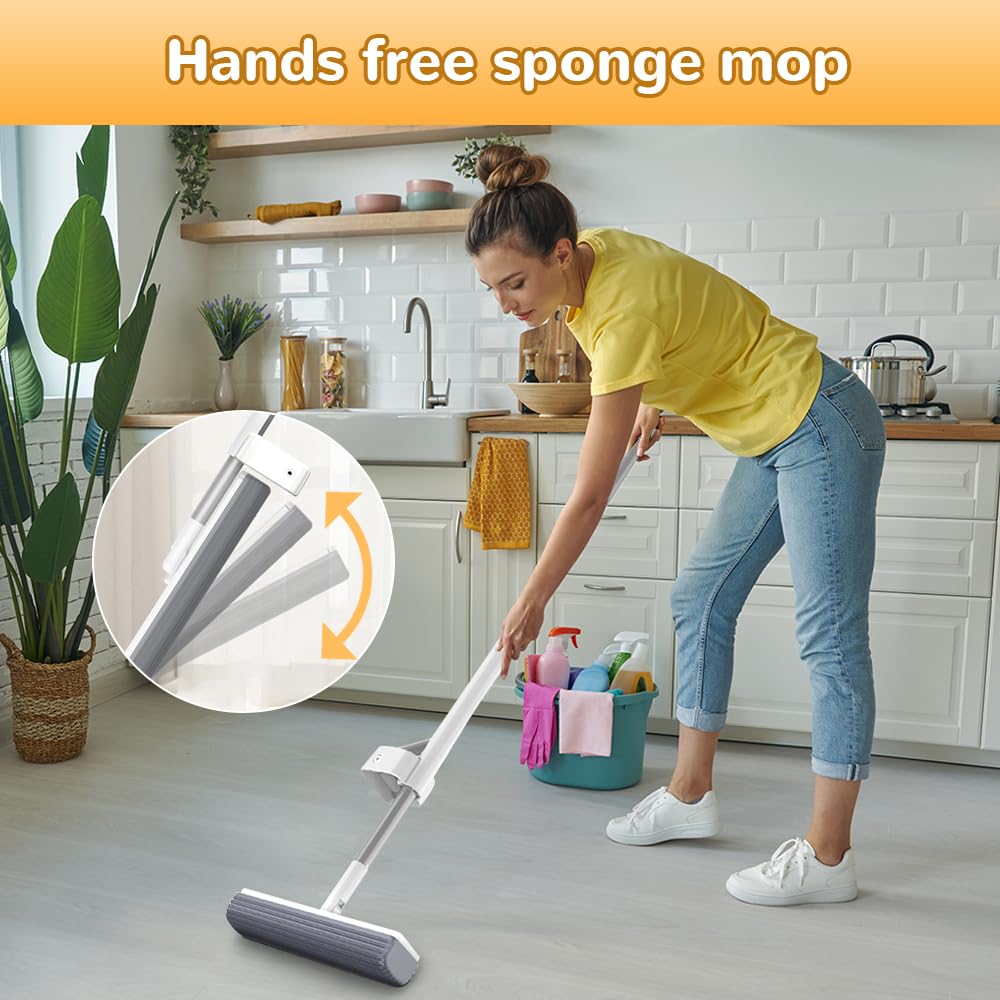 Mopas de esponja autoescurridas para limpieza de suelos, fregonas de esponja con rodillo autolavado, fregonas de esponja autosuficientes, fregonas de piso manos libres para cocina y baño (fregona, con