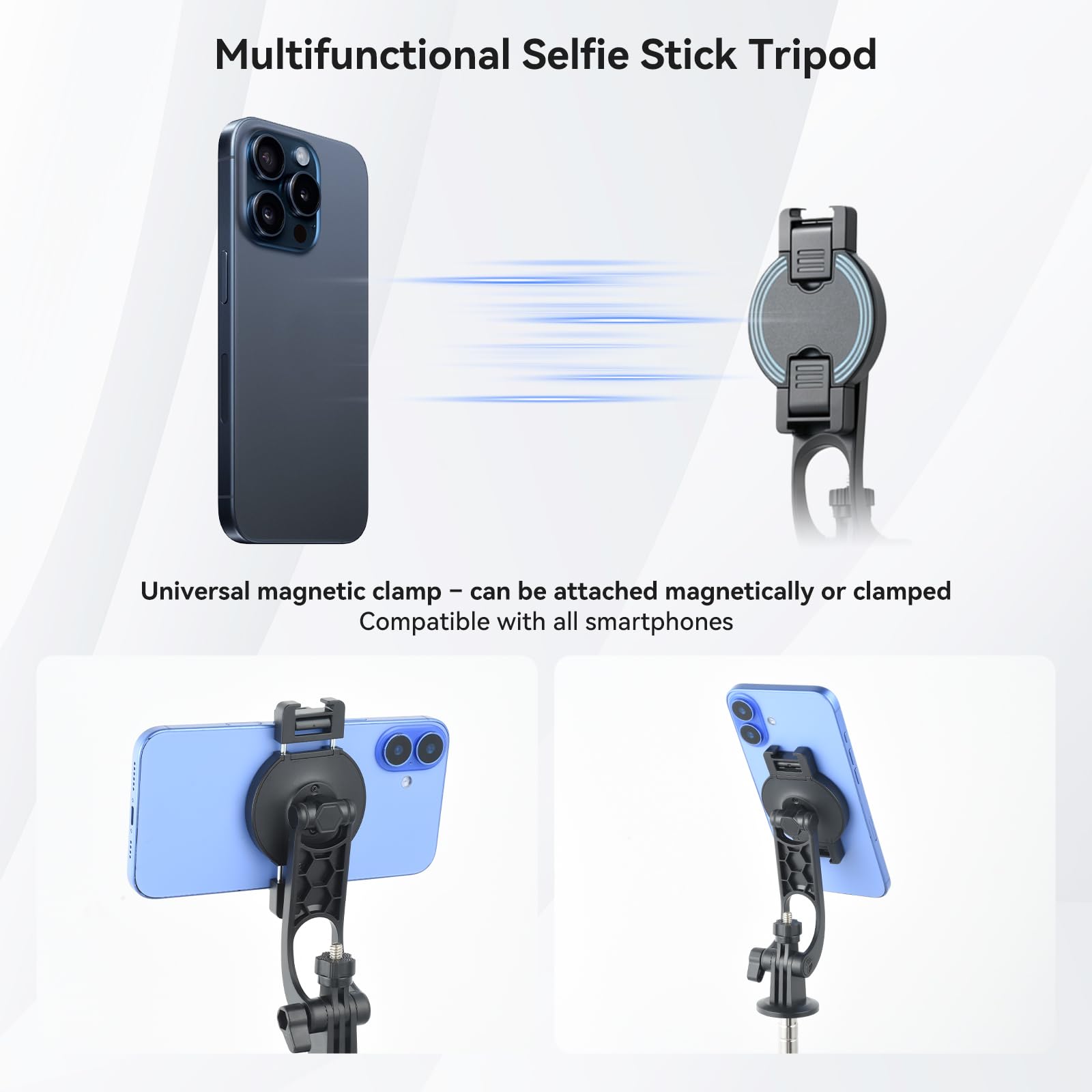 aceyoon Palo selfie extensible de 180 cm con base de 4 patas y clip magnético para teléfono