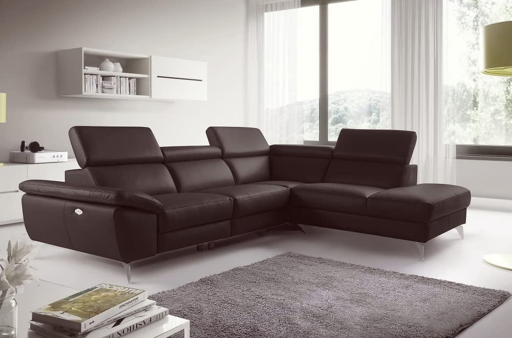 Canapé d'angle Relax en 100% Tout Cuir épais de Luxe Italien avec Relax électrique, 5/6 Places Kaster, Chocolat, Angle Droit