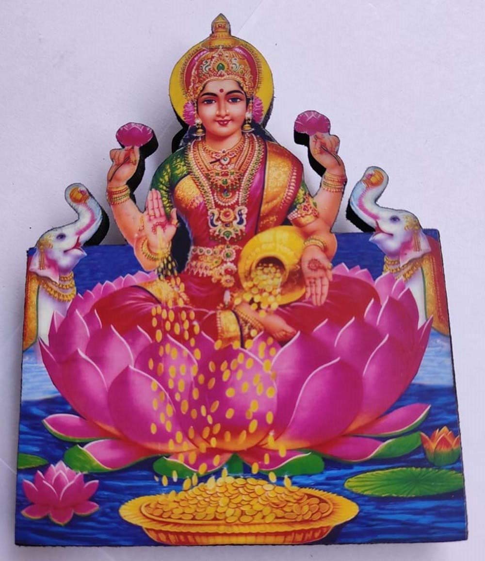 Vils Goddess Shri Lakshmi Divine Holy Blessing Wood & Plastic Statue/PhotoFrame Cutout for Pooja/Gift (Size: 4 inch X 5.5 inch)- Multicolor