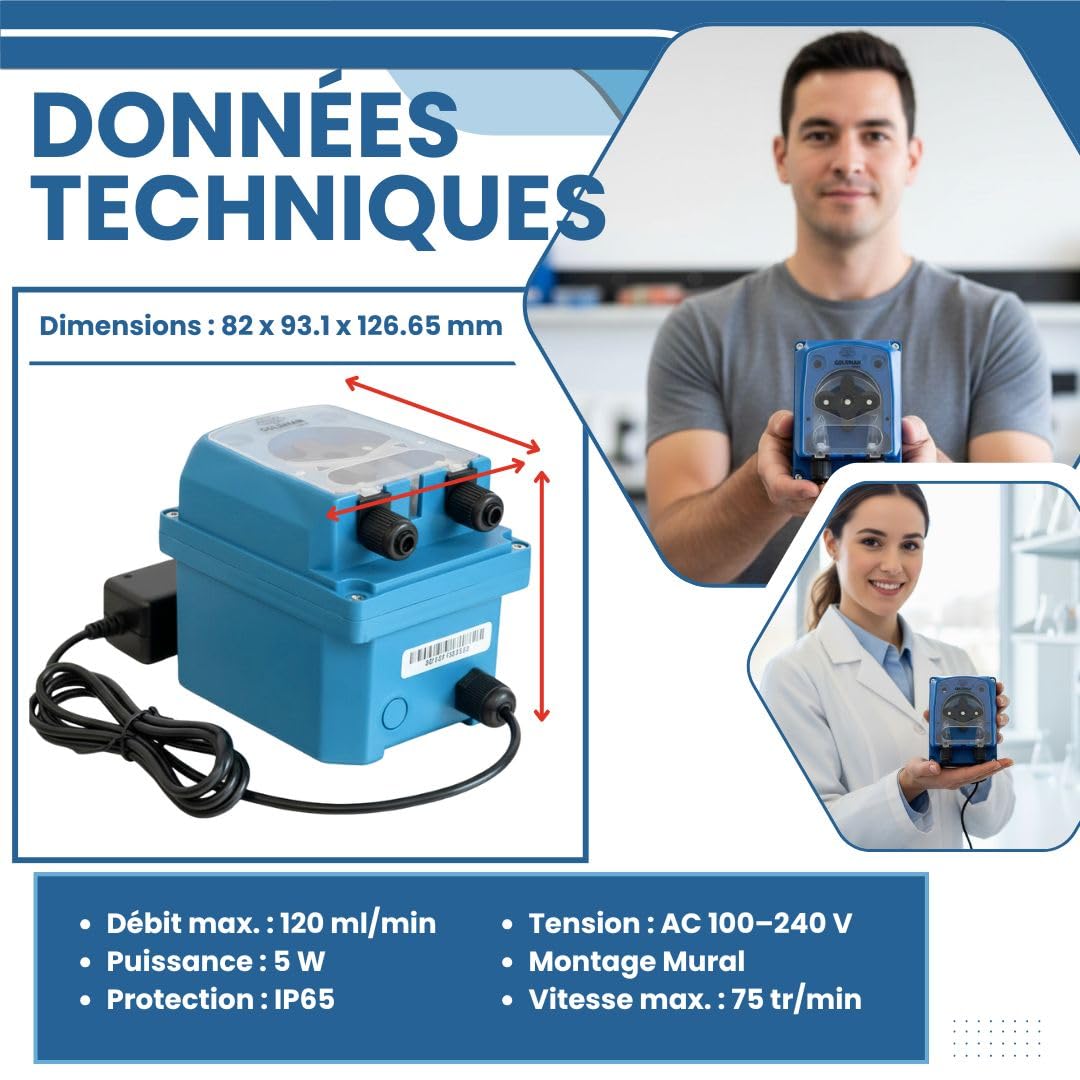 GOLDMAN SERVICE | Pompe péristaltique doseuse réglable 120 ml/min - Distributeur nettoyant et produit de rinçage pour lave-vaisselle industriel - IP65, 5 W, montage mural