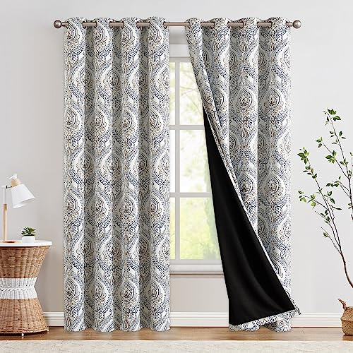 jinchan Blackout Curtains 84 Inches Long Blue Damask Medallion Curtain for Bedroom Black Out Drapes Printed Vintage Luxury Drape Grommet Top Window Tr