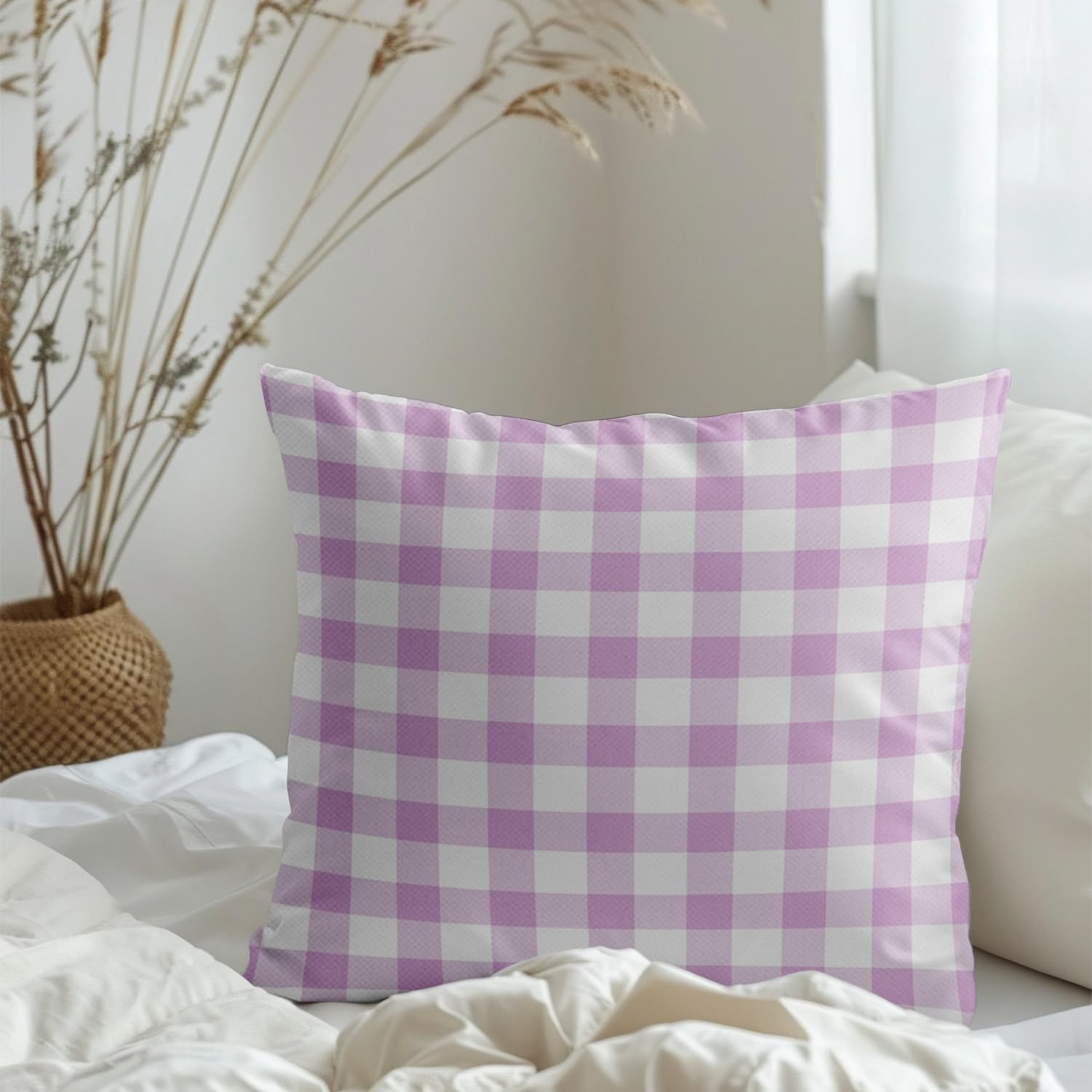 ggaimwf Gingham Pillow Cases 2 Pack 45x45cm Purple Checked Pastel Farmhouse Decorative Cushions Covers Square Throw Pillow Covers for Sofa Couch Living Room Bedroom Home Decor Scatter Cushion Case - Image 3
