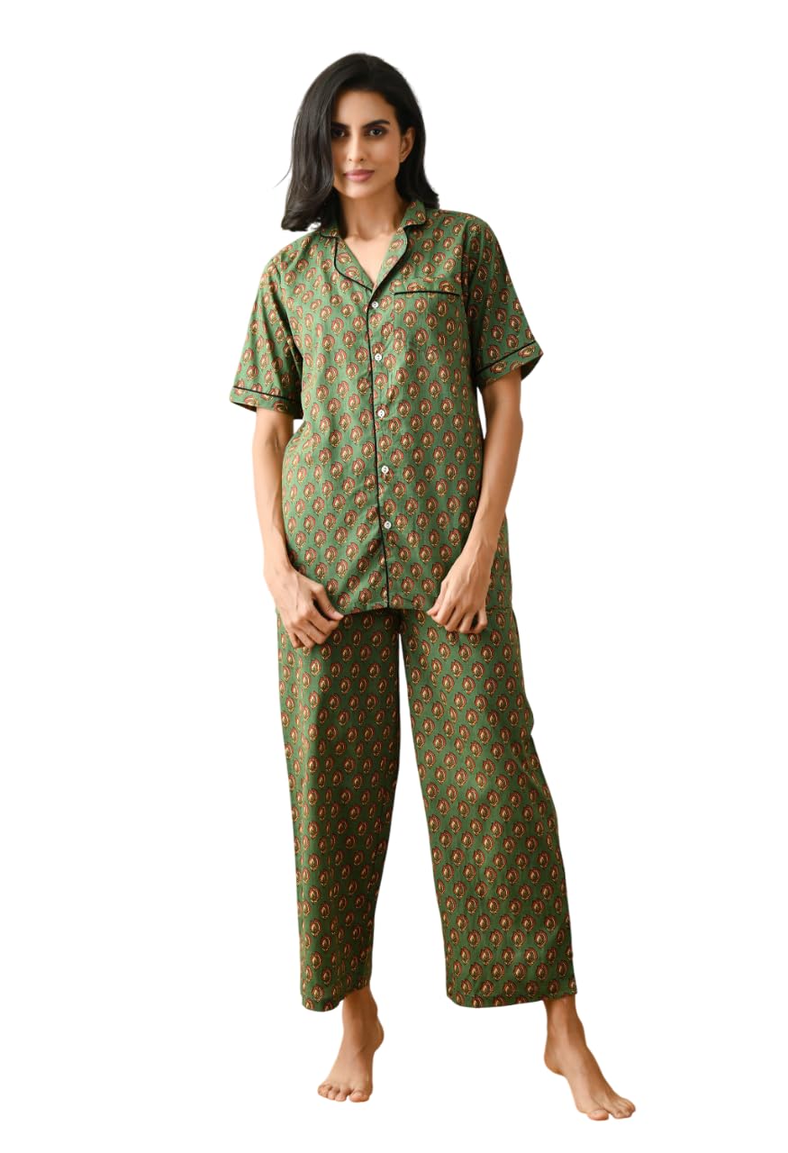 aum antiques Women's Cotton Floral Printed Lapel Collar Night Suit Soft & Breathable Top & Pyjama for Daily Comfort (Dark Green)-picture-18
