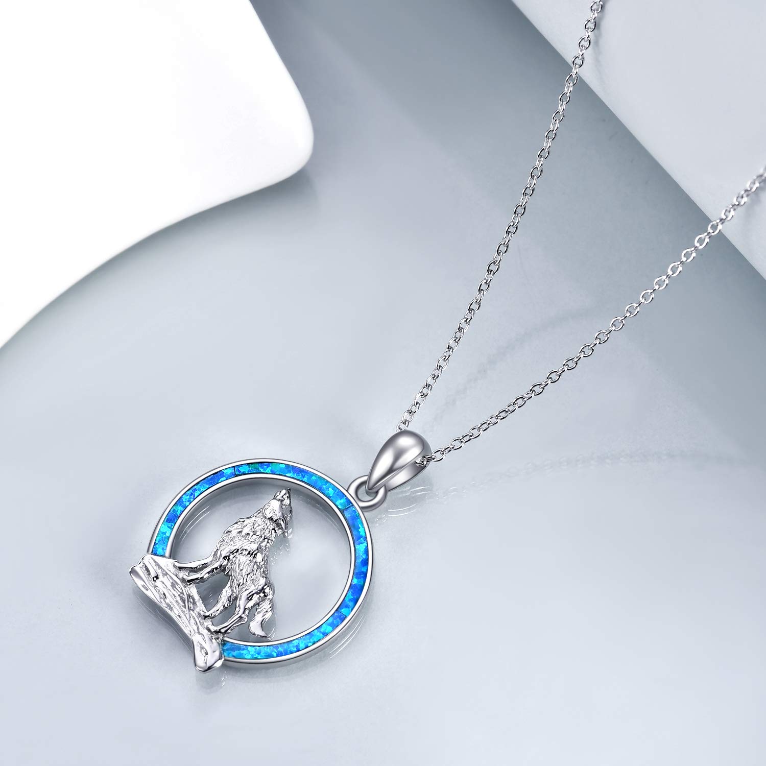 YFN Collar con Colgante de Lobo de Plata de ley 925 con Collar de Luna de ópalo 18 "Joyería del día de Cumpleaños para Novia y Esposa