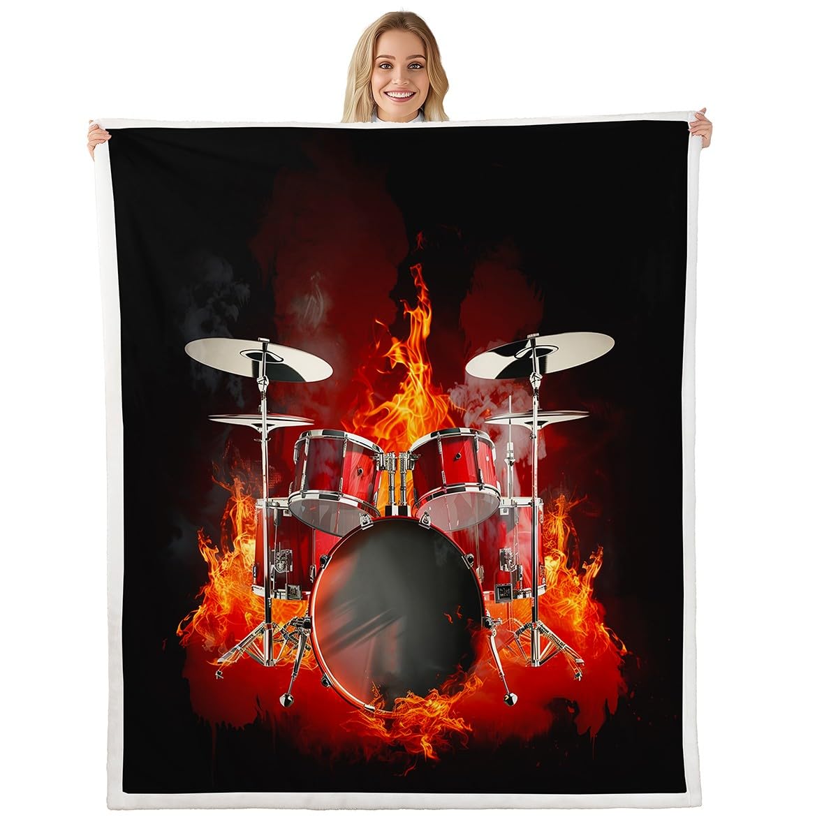 Drum Kit Throw Blanket Flame Drum Kit Print Bed Throws for Kids Boys Teens Musical Instrument Theme Flannel Fleece Blanket for Couch Sofa Soft