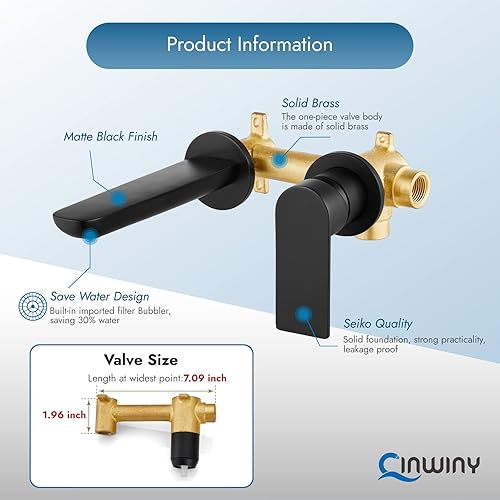Miniatura 2 de Grifo de lavabo de baño de montaje en pared, grifo de baño de una sola manija, boquilla larga y recta, lavabo de lavabo, grifo de fregadero de