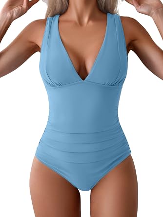 Eomenie One Piece Swimsuit for Women Tummy Control Plunge V Neck Bathing Suit Slimming Wide Straps Swimwear