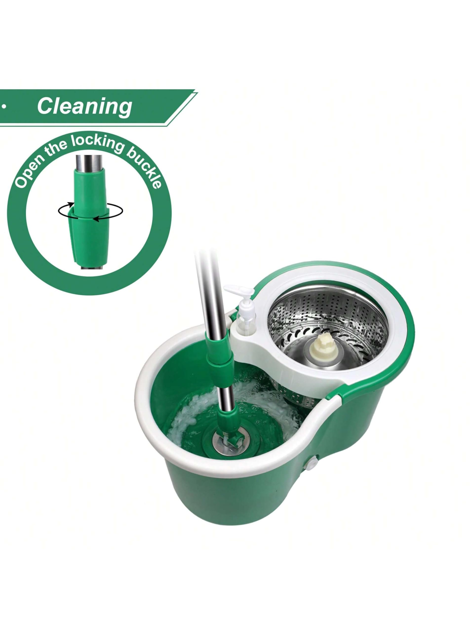 Mopa giratoria y cubo con juego de escurridor, sistema de cubo giratorio de 360° con 3 cabezales de repuesto de fregona de microfibra, mango ajustable para limpieza de suelos (verde)