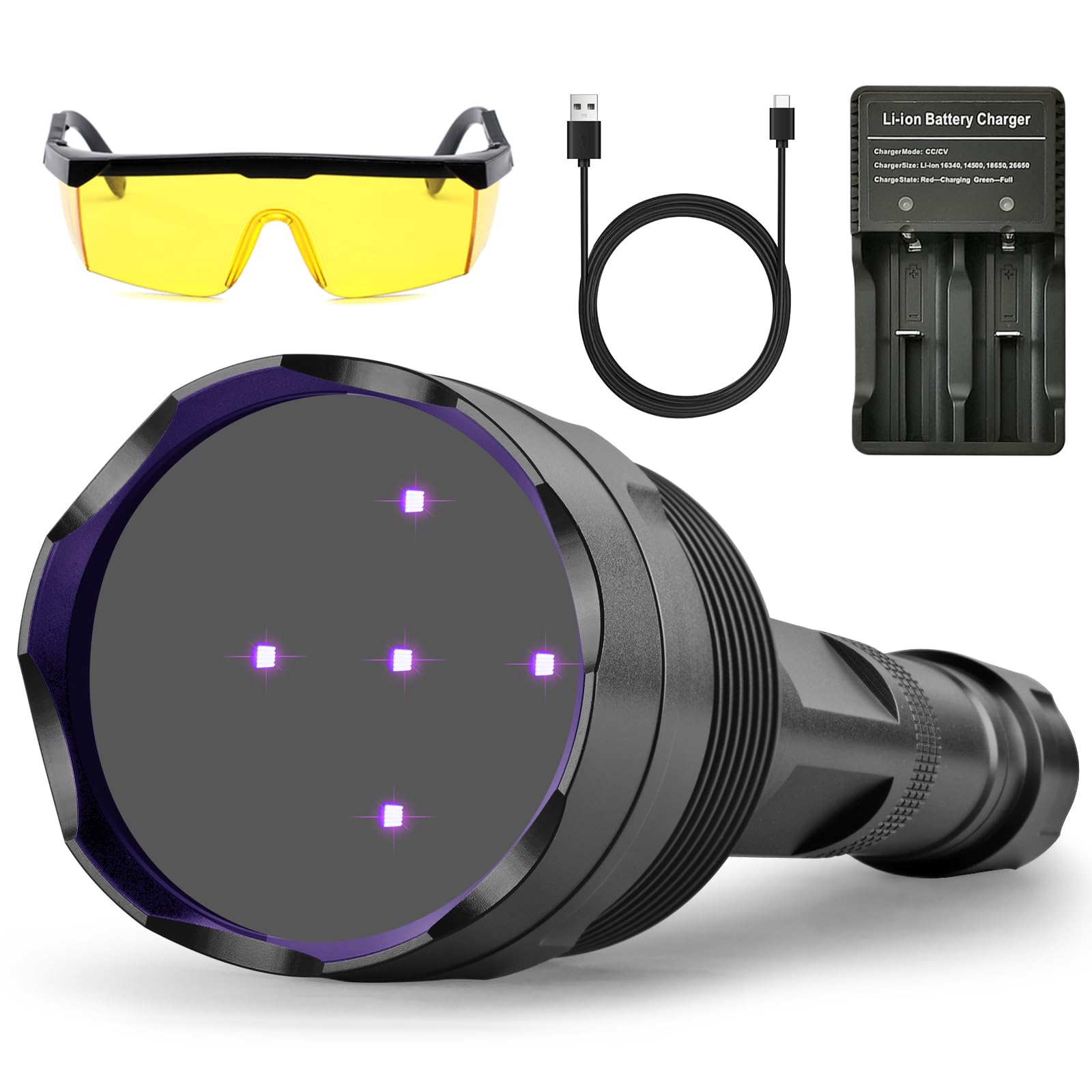 SAOPRKLER - Linterna UV de luz negra UV5 de 365 nm para todas las detecciones UV | Alta potencia, largo alcance, definición mejorada ultravioleta, haz de grado profesional, alto profesional, grado comercial