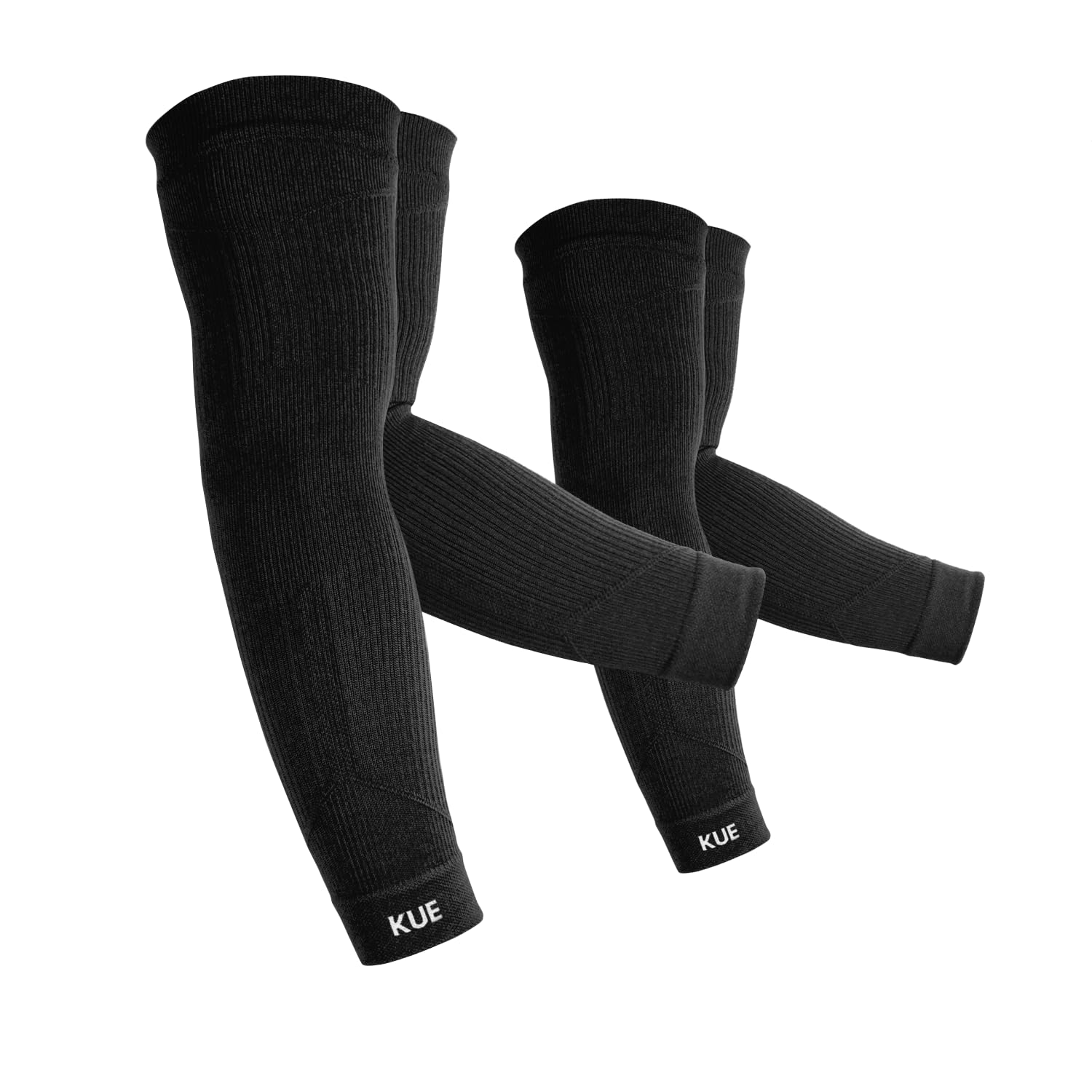 KUE Compression Arm Sleeves for Men & Women | Sports Arm Sleeves for Running, Cricket & Cycling | UV Protection Cooling Sleeves | Arm Compression Sleeve for Joint Pain Relief (Black, L/XL, 2 Pair)