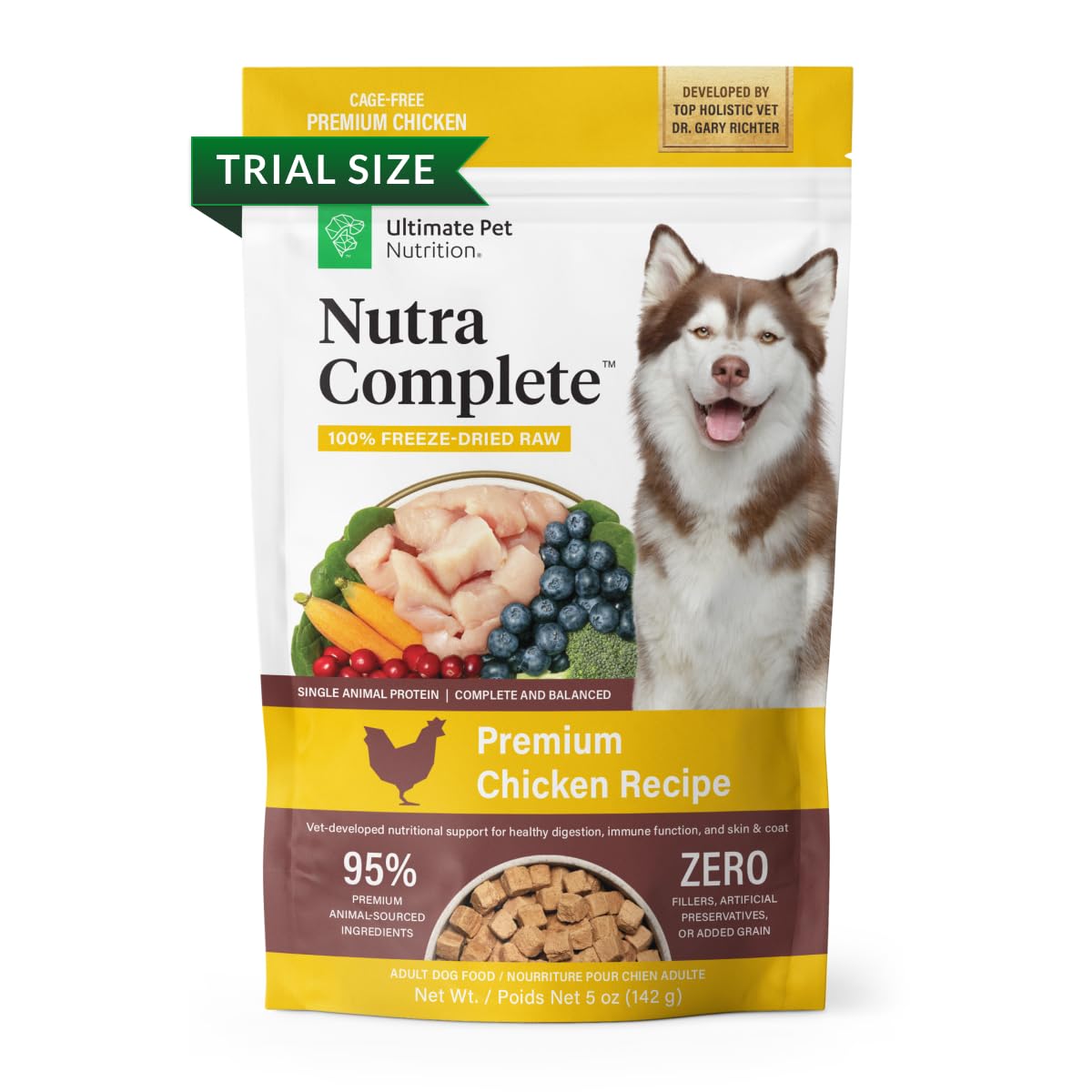 ULTIMATE PET NUTRITIONULTIMATE PET NUTRITION Nutra Complete Freeze Dried Raw Dog Food, Veterinarian Formulated with Antioxidants, Prebiotics & Amino Acids (5 Ounce, Chicken)