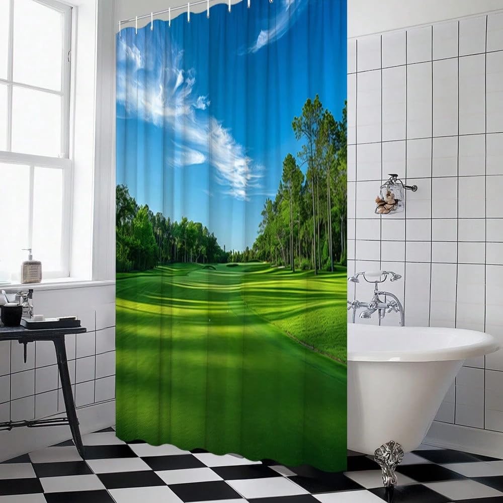 Duschvorhang mit Golfmotiv, Blauer Himmel mit weißen Wolken und EIN lebendiges grünes Golfplatzdesign, für Moderne Badezimmer (240 x 199 cm / 94 x 87 Zoll (B x H))