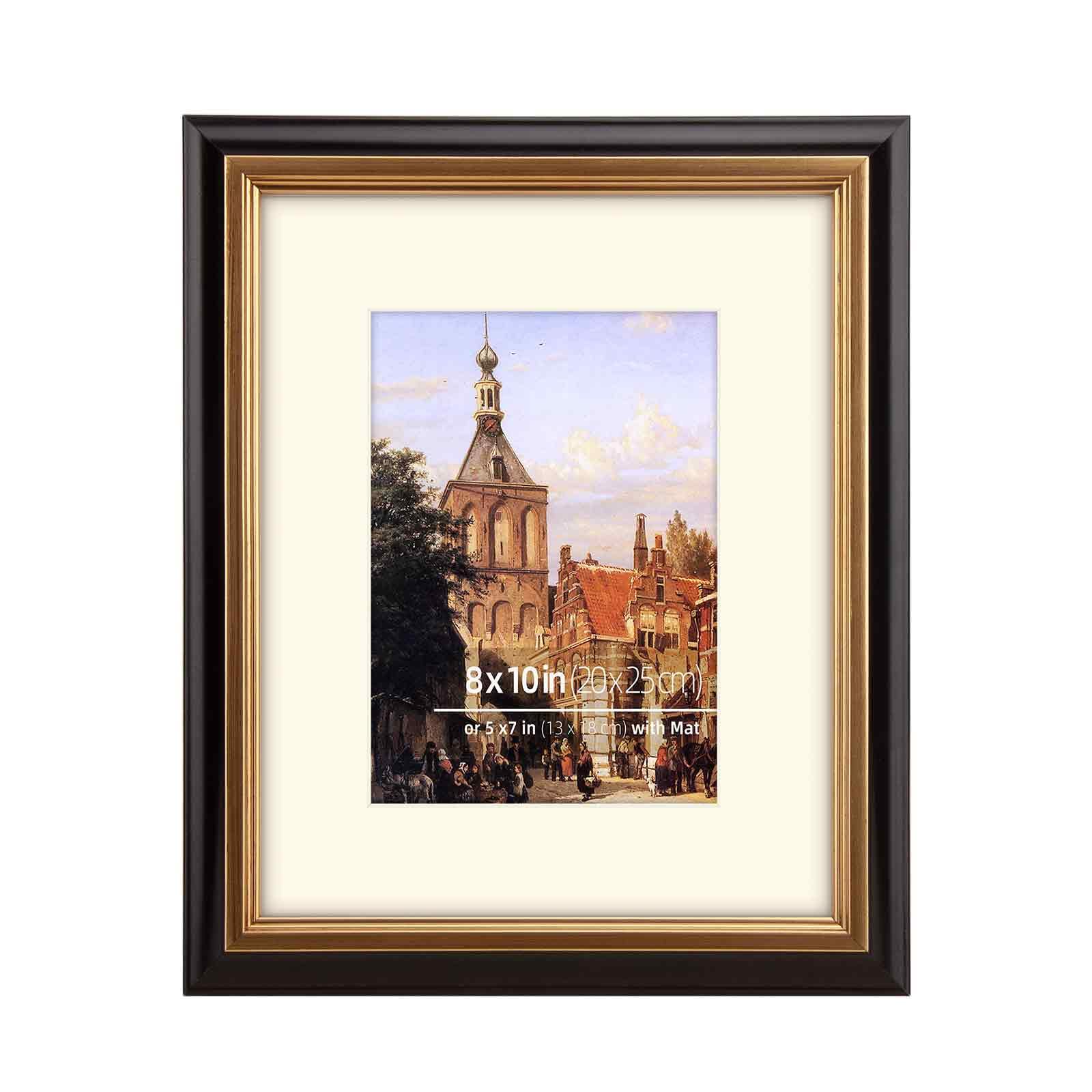 Eitida 8x10 in (20x25 cm) Black and Inner Gold Border 2 Tone Vintage Gallery Picture Frame, Solid Wood Profile, Mat Mount for 5x7 in (13x18 cm) photo, art or drawing, Real Glass Cover