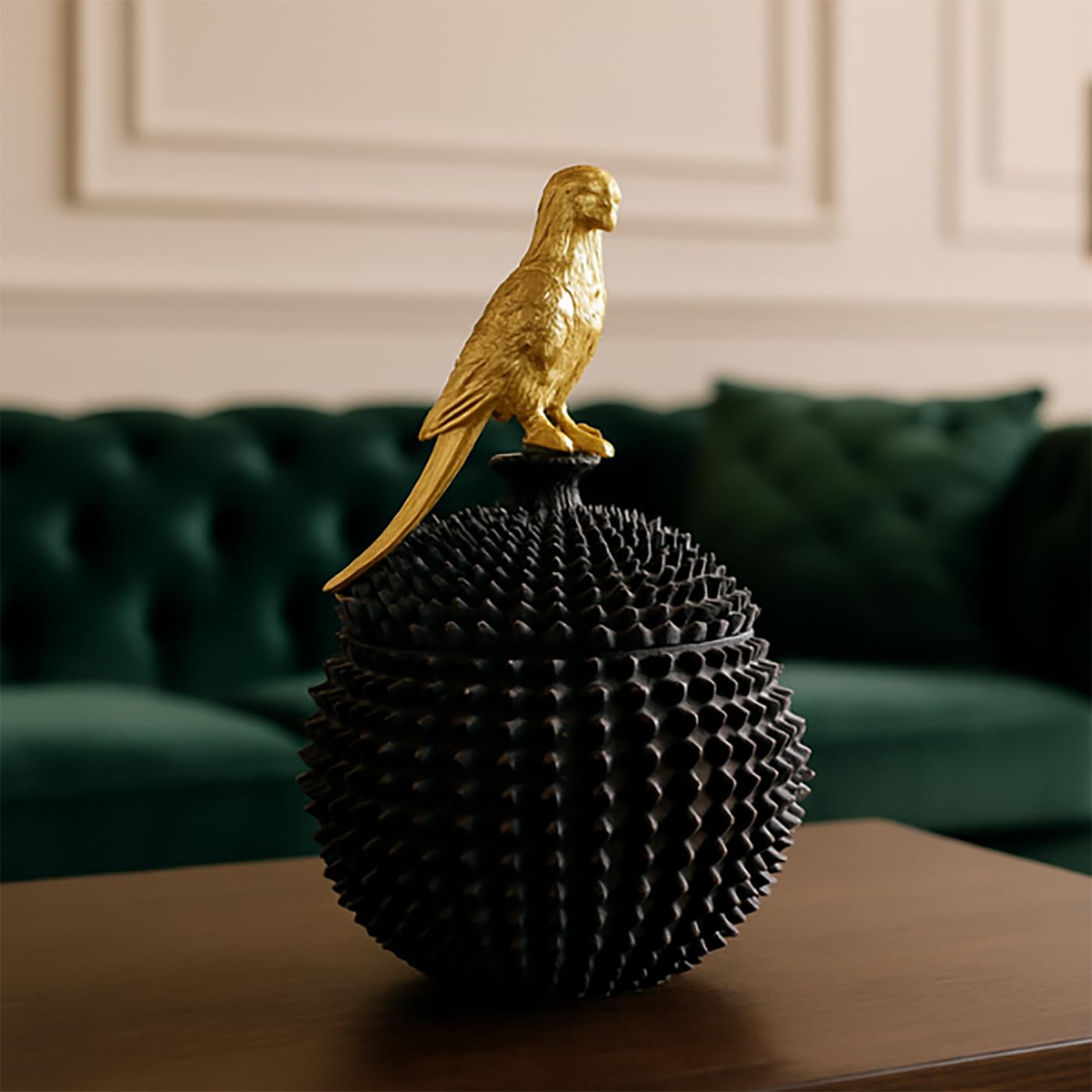 Kare Design Scatola Decorativa Parrot,Nero/Oro, 40X26X26Cm, Con Coperchio, Pappagallino Deco