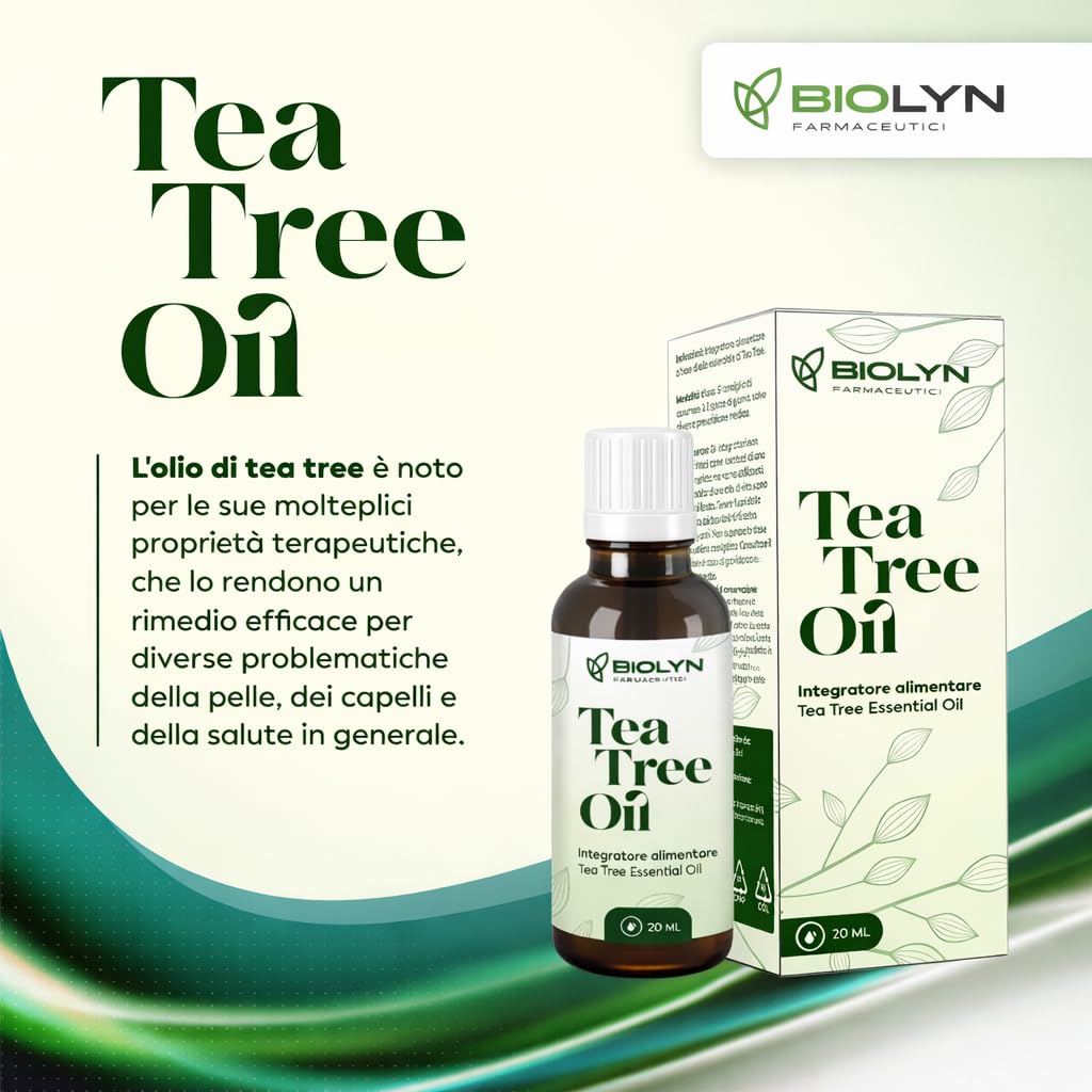 BIOLYN Tea Tree Oil 20ml – Olio Essenziale Puro di Melaleuca – Naturale al 100% – Ideale per Pelle, Capelli e Aromaterapia – Made in Italy – Qualità Farmaceutica