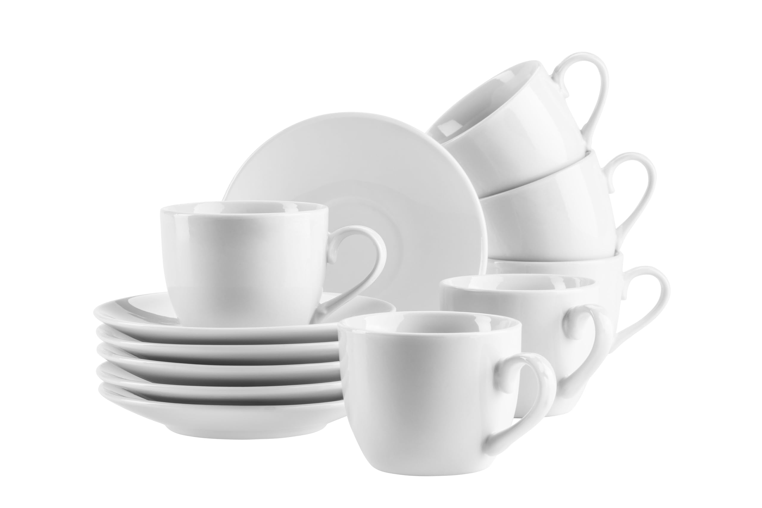 Mäser Barca Series Espresso Cups Set 12 Pieces for 6 People - 6 Cups & 6 Saucers, Porcelain, White