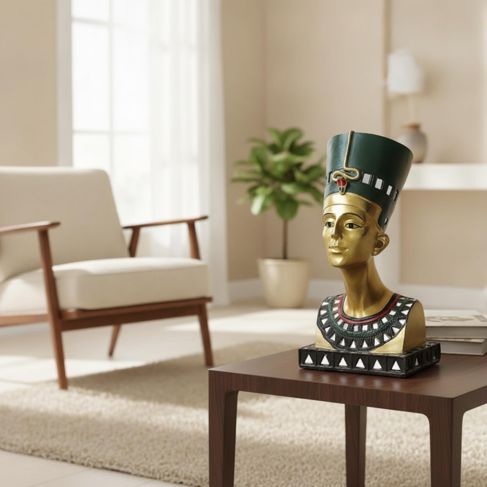 Busto Decorativo de Resina Reina del Estatua Figurilla Escultura Rostro Dorado Alto Base Cuadrada Patrón Geométrico Adecuado para Estanterías Oficina Recibidor Salón