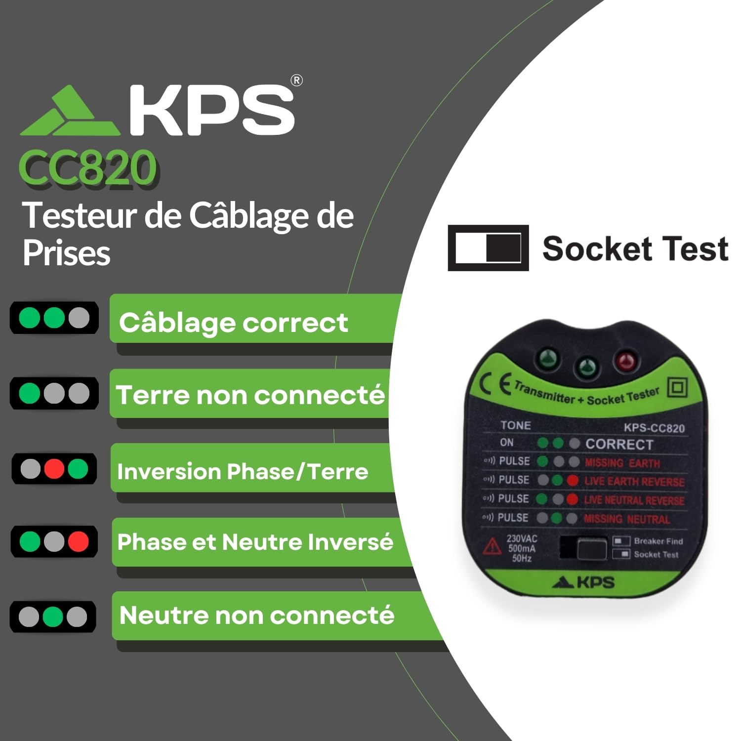 KPS CC820 Testeur de prises et localisateur de disjoncteurs CAT III | Repère le bon disjoncteur sans couper l'alimentation. Signal LED et sonore. Compact et facile à utiliser.