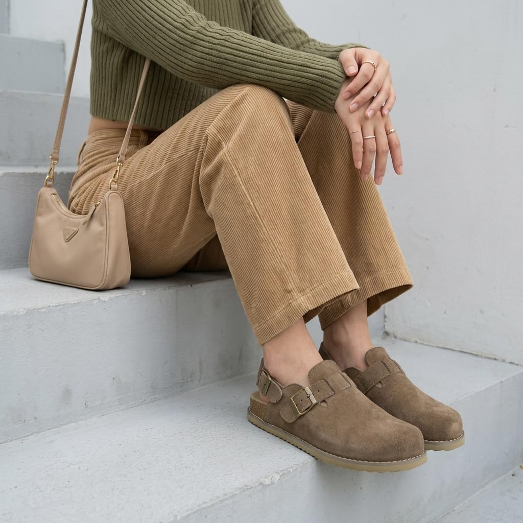 CUSHIONAIRE Brooklyn Suede Womens Slides– Comfortable Clog Mules with Adjustable Buckles – Summer Shoes for Women,TAUPE 10W