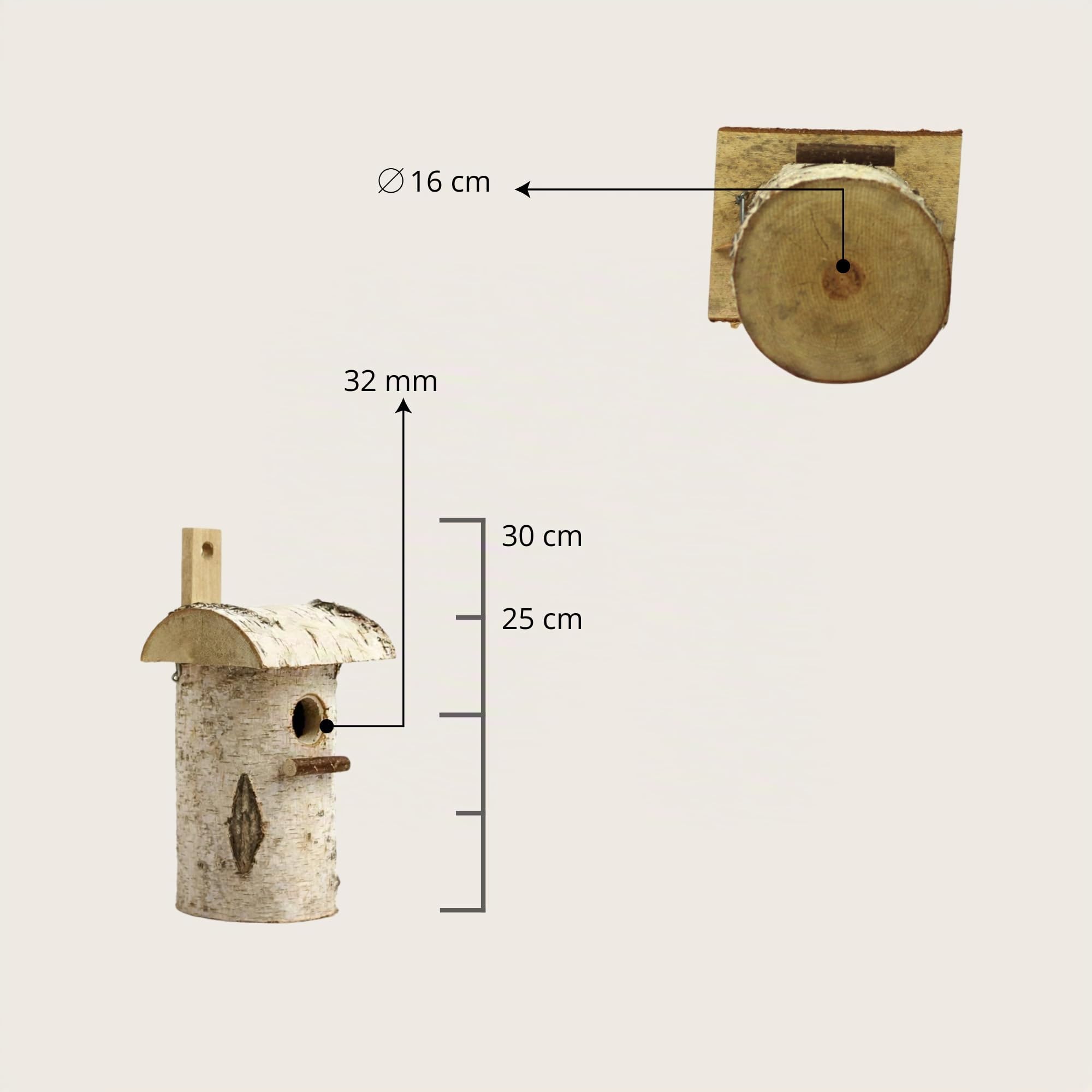 Nichoir pour oiseaux, grotte de nidification en bouleau (25 x 14 cm) 32 mm
