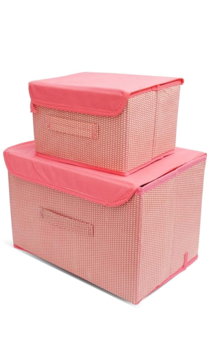 BUYEASY Storage Set of 2 Basket, Box, Bins & Non-Woven Wardrobe Organizer Foldable Drawer Rectangular Stackable BoxBins with Lid - Pink Color