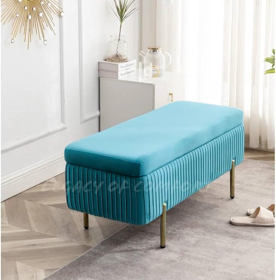 Image of LEGACY OF COMFORT Miajah Velvet Upholstered Flip Top Storage Bench 2 Seater Sofa Upholstered Ottoman Bench with Storage for Living Room, Bedroom (Light Blue)