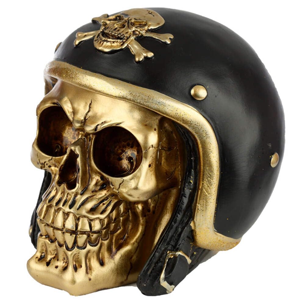 Puckator Men's Gold Skull In Biker Helmet Ornat - Home Decoration - Skull With Biker Helmet - Ornats - Resin - Home Accessories - Living Room Accessories - Human Skeleton - Goth Gifts For