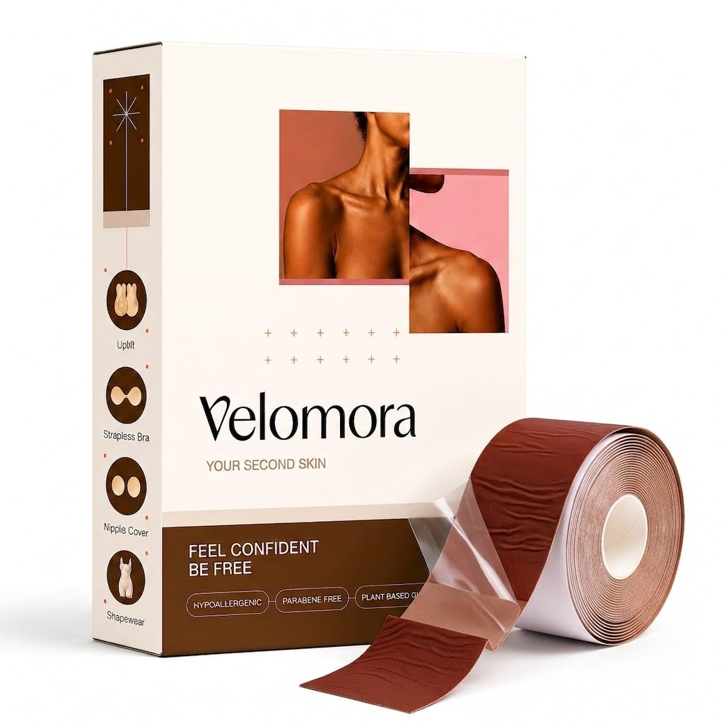 vm velomora ventures Velomora Double Sided Boob Tape for Skin & Fabric – Superior Strength Fashion Tape for Wardrobe Support – Hypoallergenic, Sweatproof Invisible Adhesive for Backless, Strapless & Plunge Outfits-picture-3