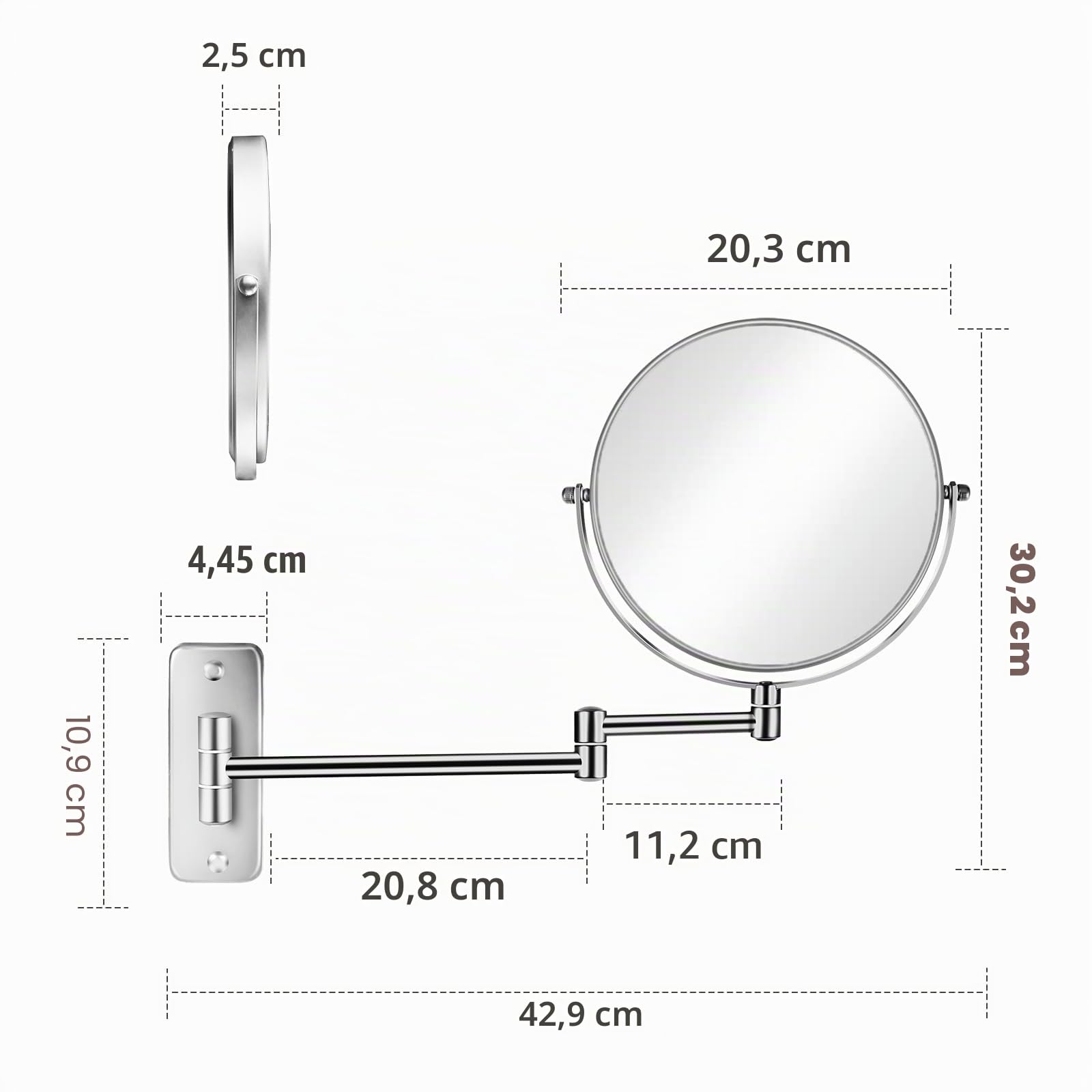 Miroir de maquillage grossissant 10X à fixation murale de 8" double face avec bras télescopique pivotant à 360° pour salle de bain et hôtel - Chrome