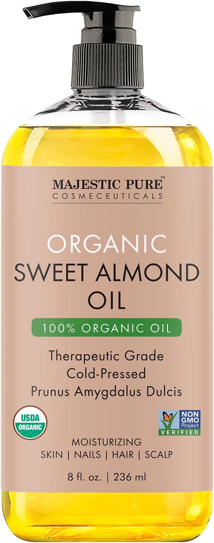USDA Organic Sweet Almond Body Oil | Large 236 ml | 100% Pure & Natural Cold Pressed Oil Sweet Almond Oil for Skin, Face, Nails, Hair, Scalp & Massage | 236 ml