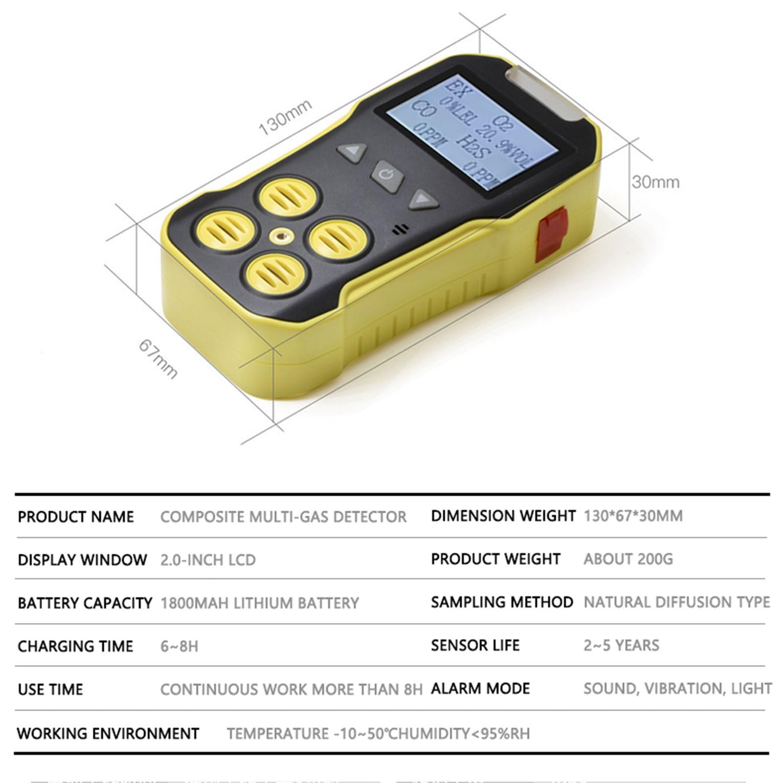 Detector Gas,Recargable 4 Monitor de Gas H2S CO O2 EX | Oxígeno Sulfuro De Hidrógeno Monóxido De Carbono Gas Combustible Detector De Fugas
