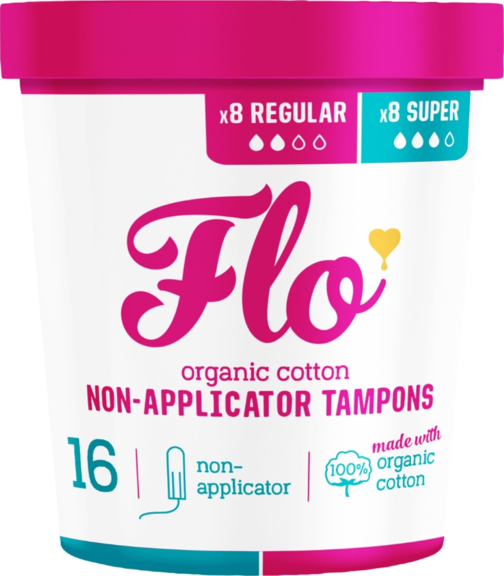 Flo Organic Cotton Non-Applicator Tampons - 8 Regular & 8 Super Tampons