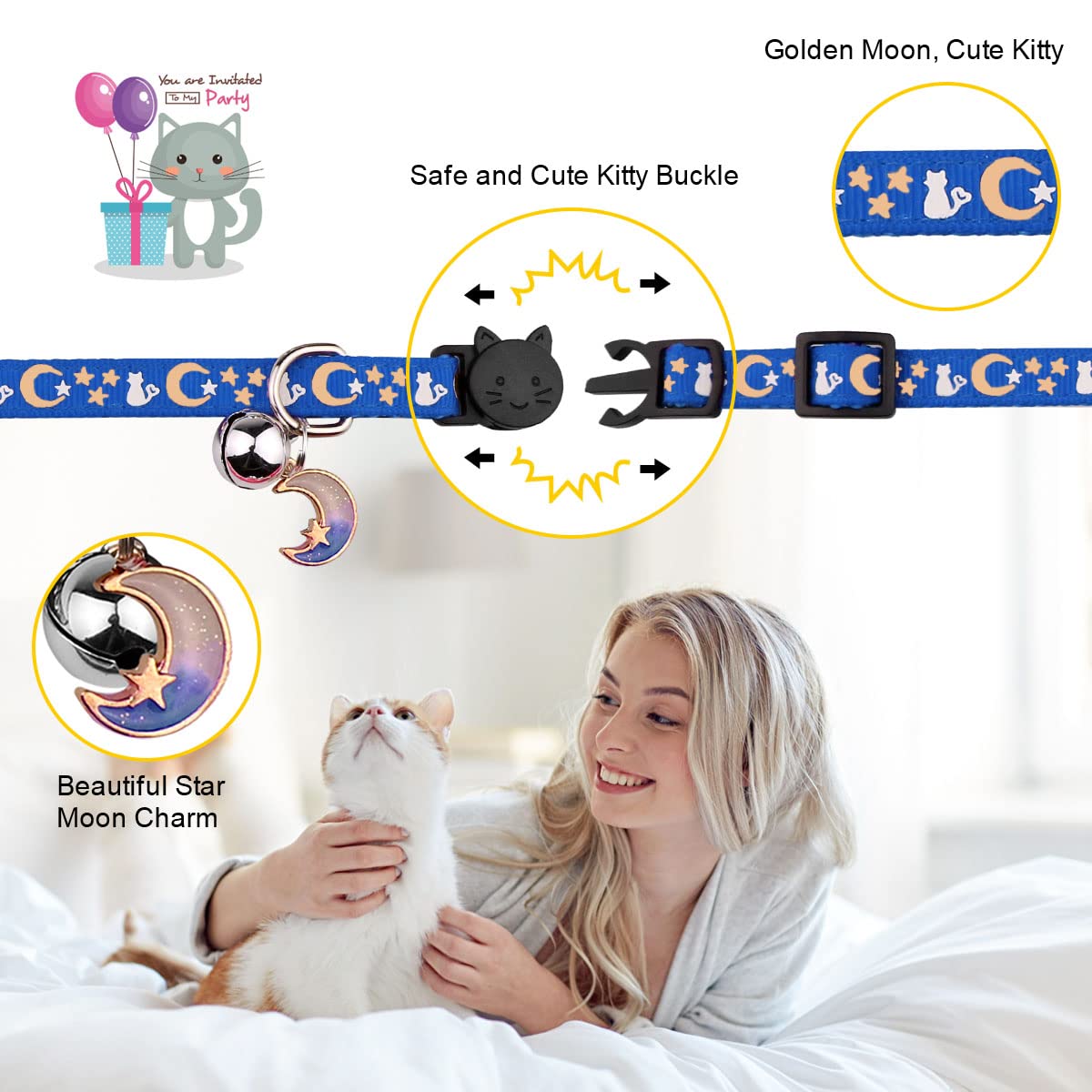 2 collares de gato con campana, lindos gatitos que brillan en la oscuridad, collares ajustables para gatitos de 7.9 a 13.0 pulgadas (azul y negro)