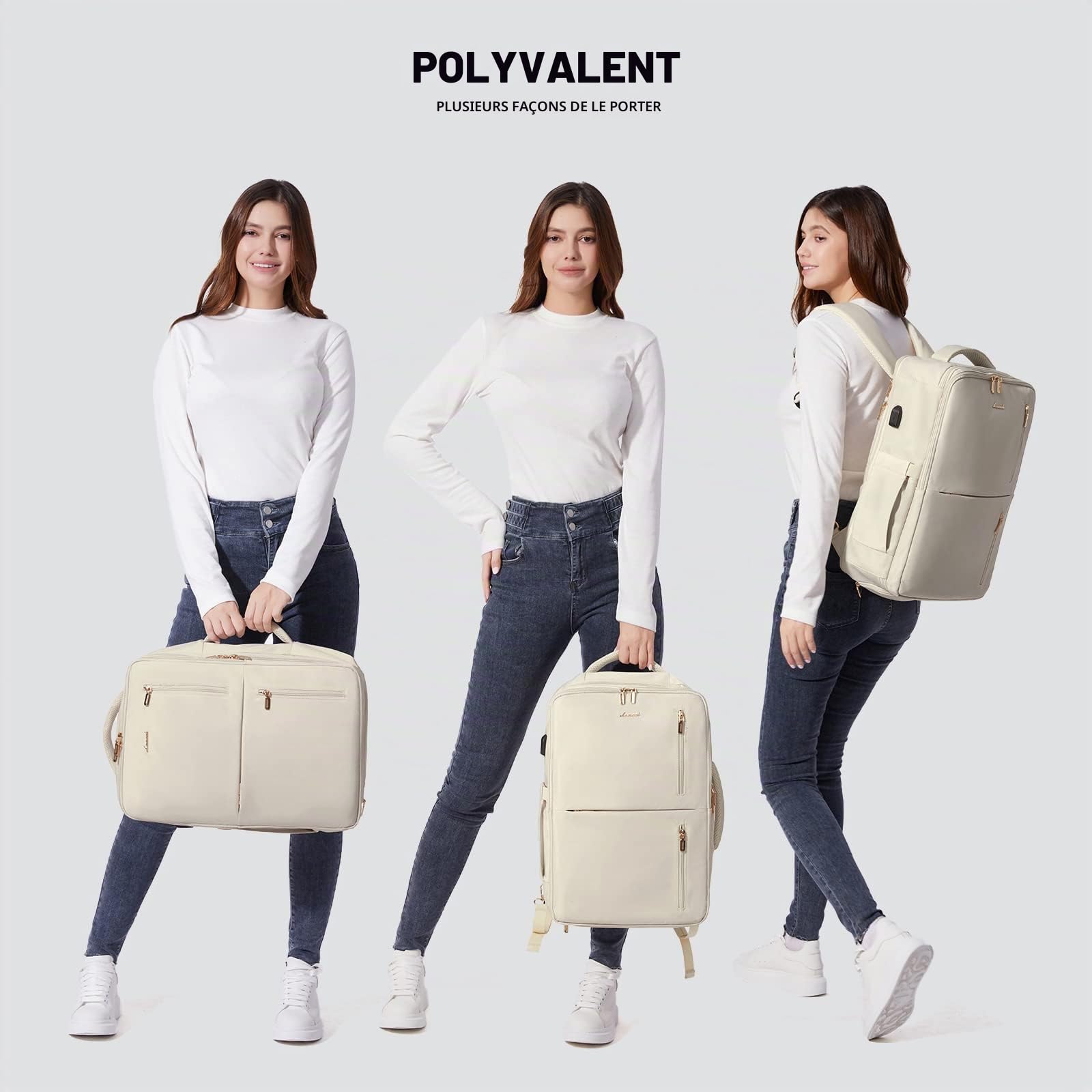 LOVEVOOK Sac à Dos Voyage Femme Homme Sac A Dos Cabine Avion extensible 25-35L Grand Sac à Dos Bagage à Main Sac à Dos Ordinateur Portable 17 Pouces Imperméable Sac Ados Beige