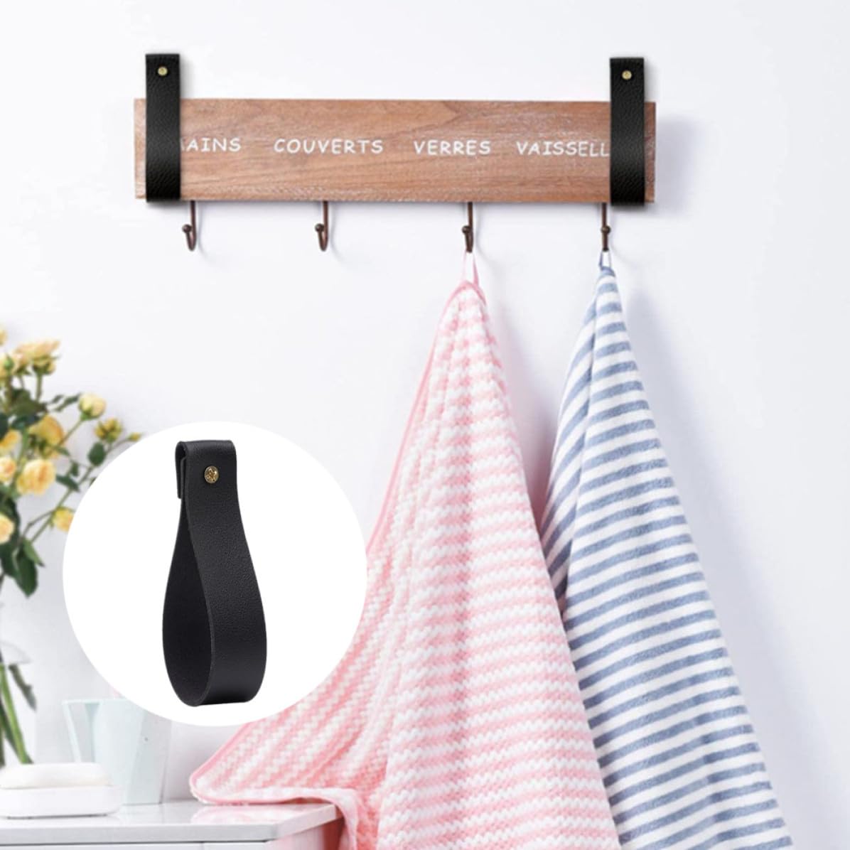 HOMSFOU Lot de 4 crochets muraux en cuir noir - Sangles de suspension fixées au mur - Support de tringle à rideau - Crochet de suspension - Pour maison de ferme et salle de bain
