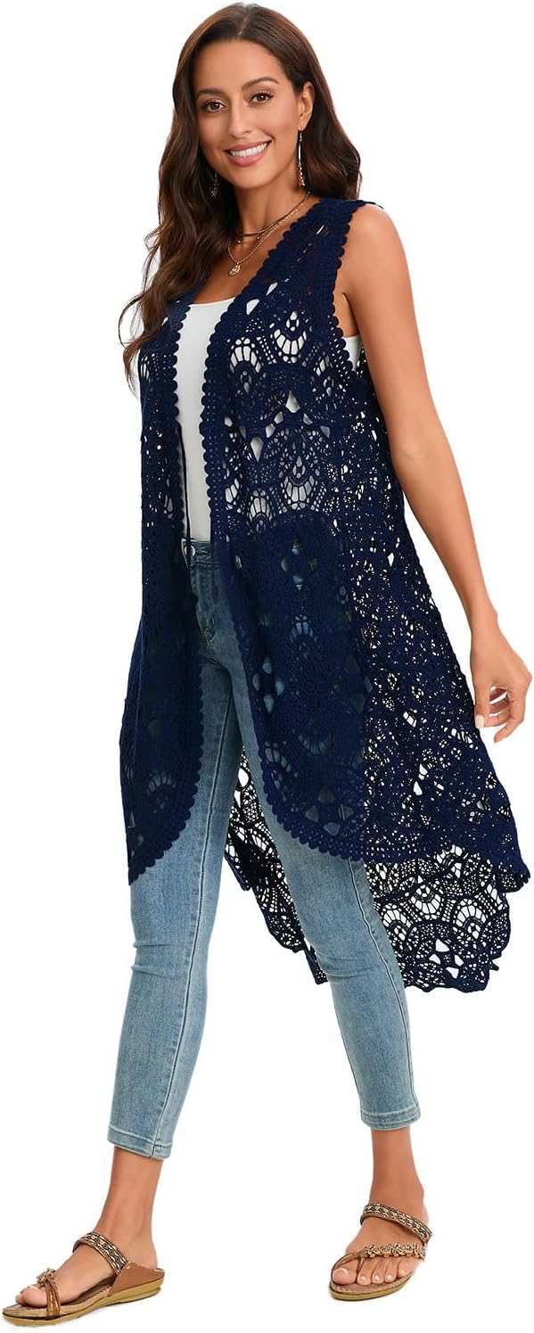 GLEAMISS Women's Crochet Long Vest Sleeveless Lace Cardigan Hollow Out Kimino Cover Up - Image 4