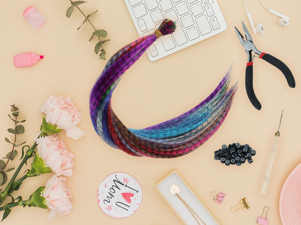 Federhaarverlängerungs-Set,50 Stück Feder Extensions Strähnchen Bunt,Bunte Haarverlängerungs Set mit 100 Silikonring,Zange und Häkchen,Haarschmuck für Barparty,Halloween,Cosplay