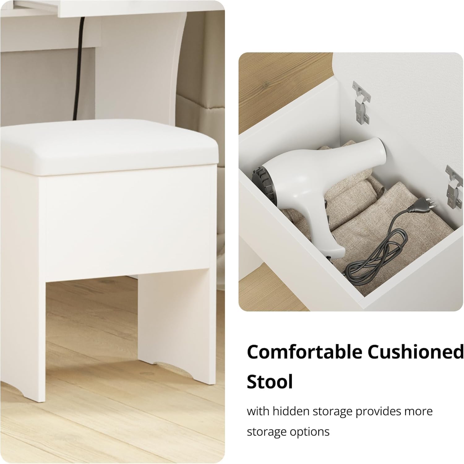 Image of the storage bench with its cushioned top lifted, revealing an internal storage compartment.