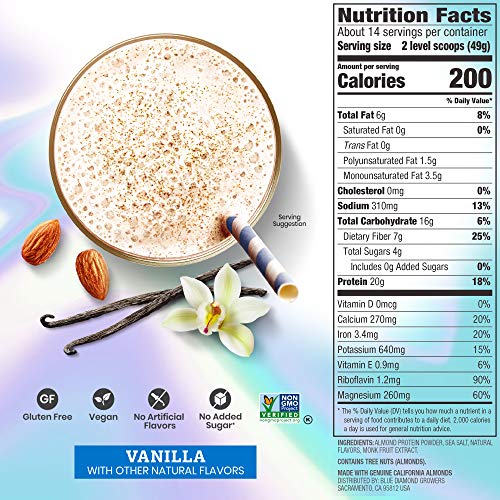 Blue Diamond Almonds Almond Protein Powder, Vanilla - 20g Protein, Plant Based, Vegan, Gluten Free, Non Dairy, Non-GMO, 100% Pure Almond Protein, 24 Ounce