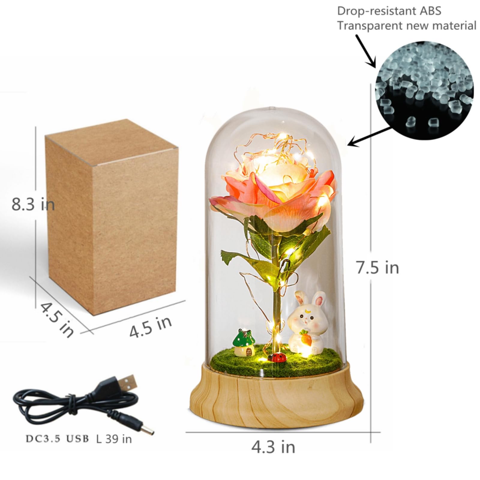 Pink Roses from Daughter for Mom Mothers Day, Beauty and The Beast Rose, with LED Light Up Rose in Dome, for Wife Grandma Christmas Day Valentine Day Birthday for Her Gift (1 Pink Rabbit)