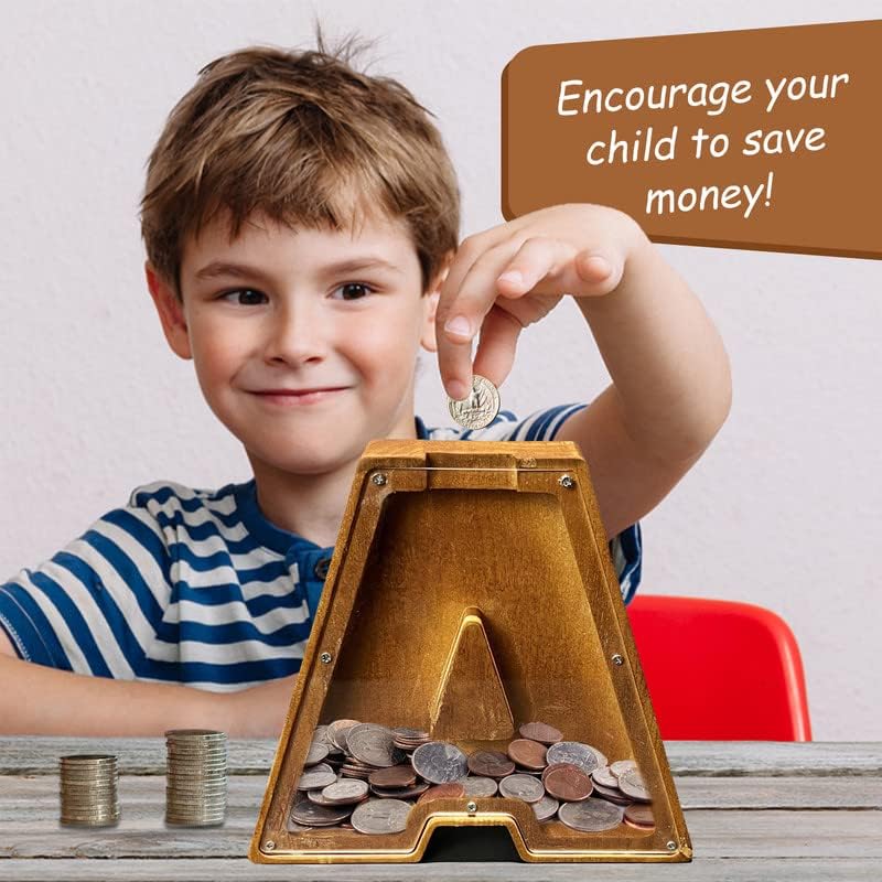 Miniatura 3 de Alcancía de madera personalizada, alcancía de madera con 26 letras del alfabeto inglés, tanque de almacenamiento para niños, banco de monedas para