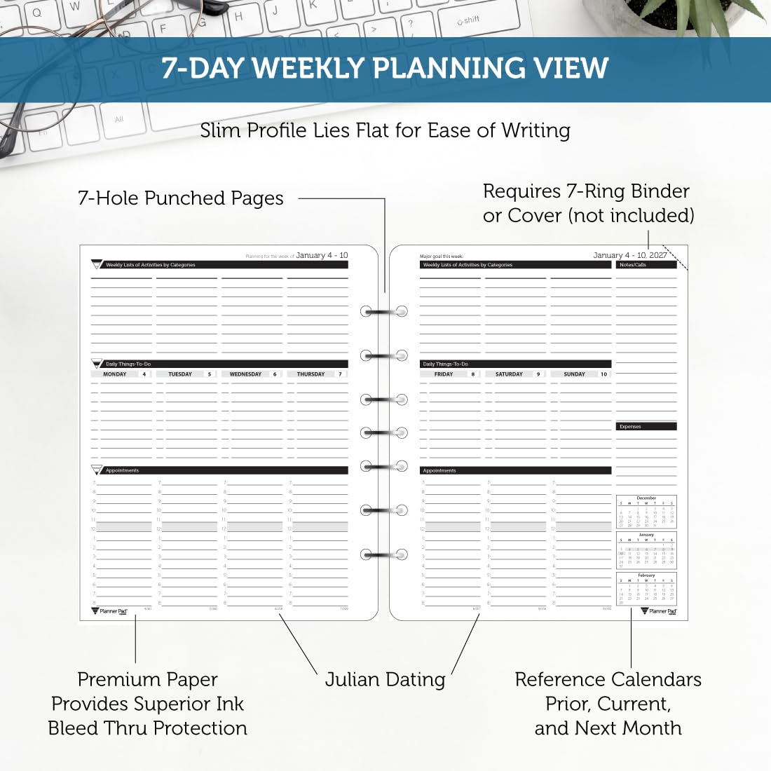 Planner Pad Agenda a 7 fori da gennaio-dicembre 2027, calendario annuale 6 3/4" x 8 1/2" medio a 3 livelli imbuto giù 12 mesi/settimanale, inchiostro nero