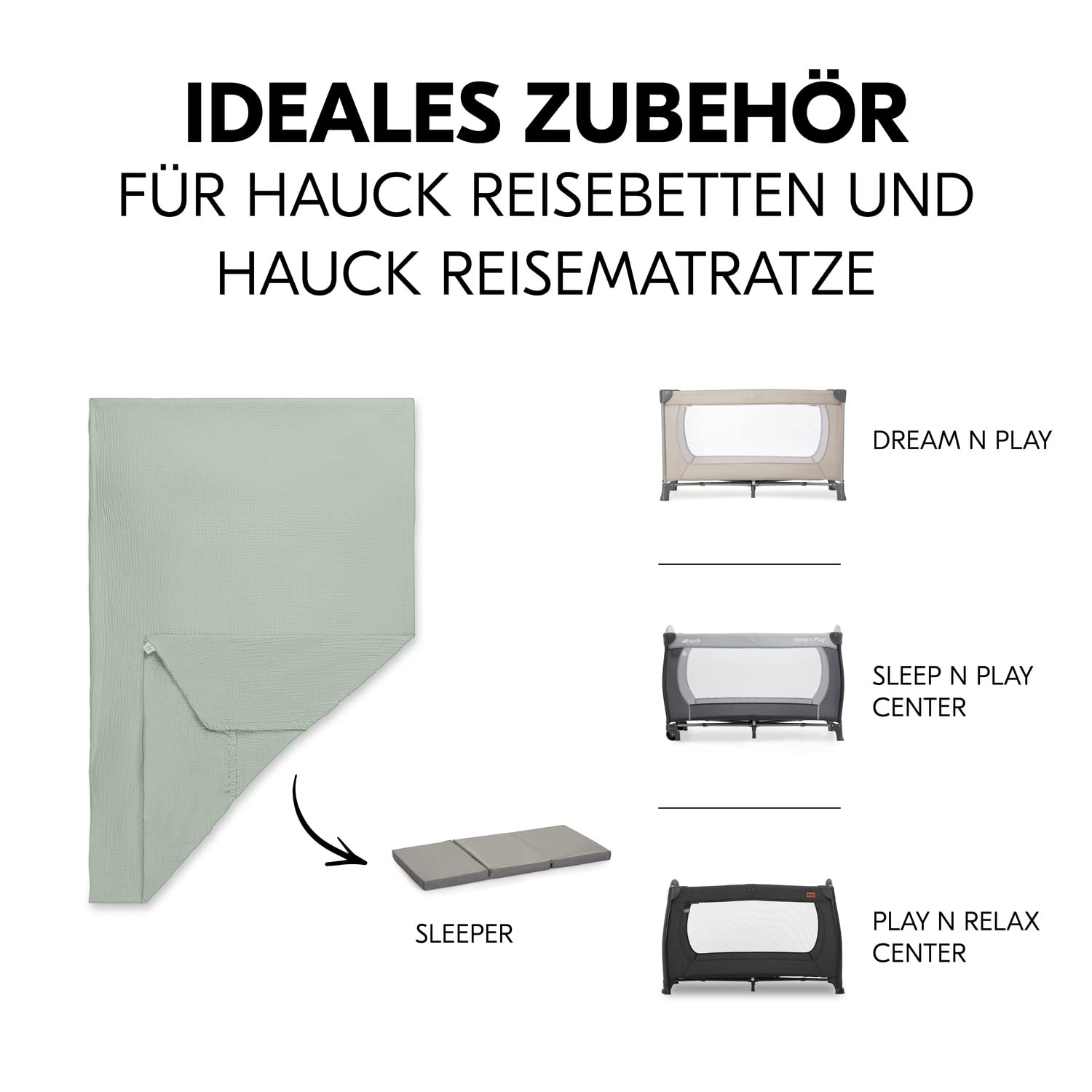 hauck Baby Spannbettlaken 60x120 cm für Reisebettmatratzen, Baby Matratzenbezug Baumwolle Musselin, 60° C Maschinenwäsche, Babybettlaken mit Gummizug (Sage)