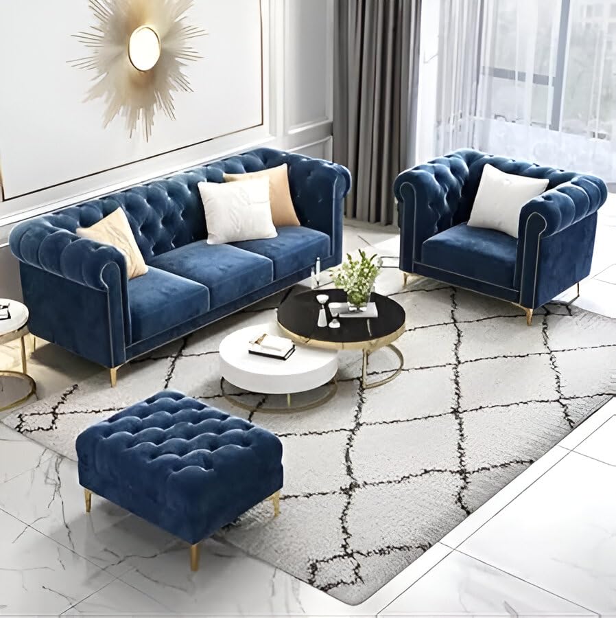 Sky Rise Decor Modern Classic 5 Seater Sofa Couch Fabric & Valvet 3+1+1Footrest Tufted Chesterfield Sofa Living Room and Office (Blue)