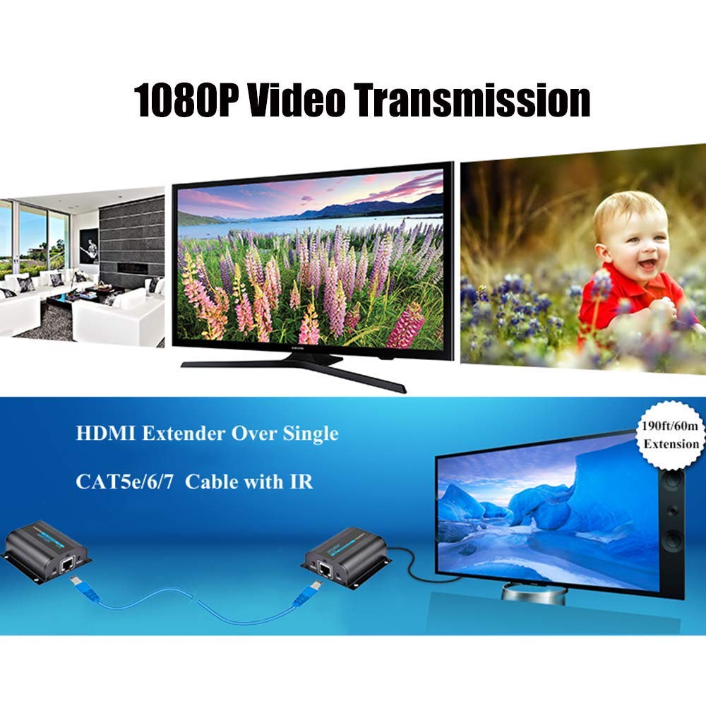 AGPTEK 1080P Estensore HDMI su CAT6/7/8 fino a 60m a 1080p, supporta Deep Color, 3D con telecomando IR (LKV372A)