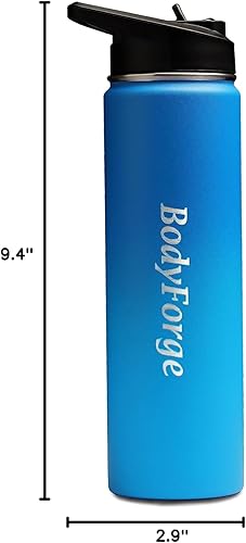 Miniatura 10 de BodyForge - Botella de agua deportiva de 22 onzas, 3 tapas y tapa con popote, botellas de acero inoxidable para gimnasio y deportes a prueba de